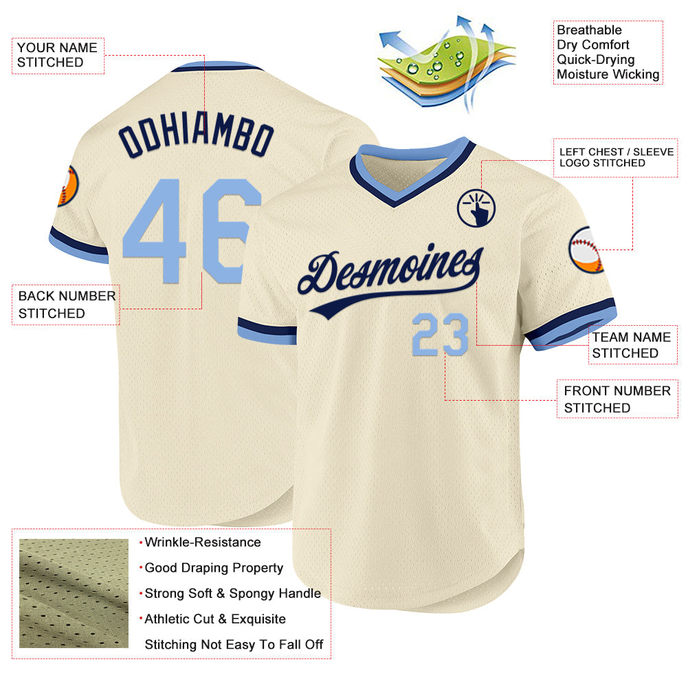 Custom Cream Light Blue-Navy Authentic Throwback Baseball Jersey - Sky-Custom