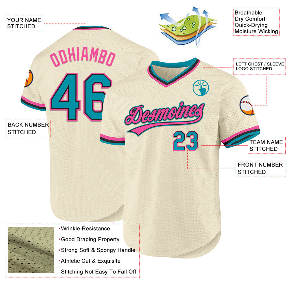 Custom Cream Teal Black-Pink Authentic Throwback Baseball Jersey - Sky-Custom
