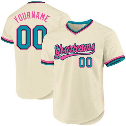 Custom Cream Teal Black-Pink Authentic Throwback Baseball Jersey - Sky-Custom