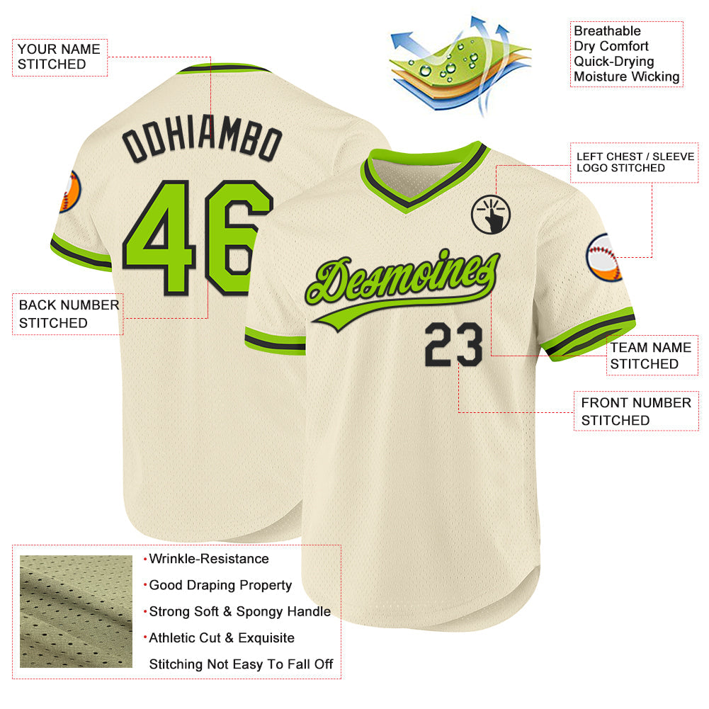 Custom Cream Neon Green-Black Authentic Throwback Baseball Jersey - Sky-Custom