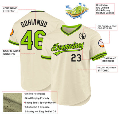 Custom Cream Neon Green-Black Authentic Throwback Baseball Jersey - Sky-Custom