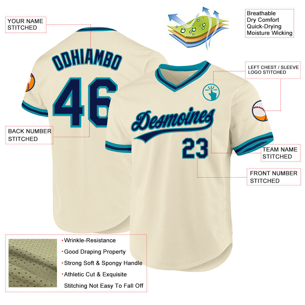 Custom Cream Navy-Teal Authentic Throwback Baseball Jersey - Sky-Custom
