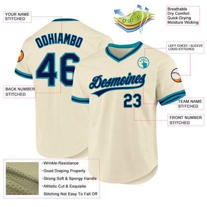Custom Cream Navy-Teal Authentic Throwback Baseball Jersey - Sky-Custom