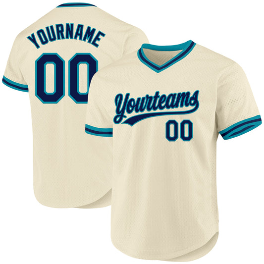 Custom Cream Navy-Teal Authentic Throwback Baseball Jersey - Sky-Custom