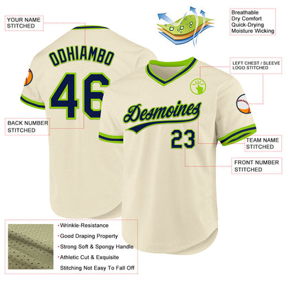 Custom Cream Navy-Neon Green Authentic Throwback Baseball Jersey - Sky-Custom