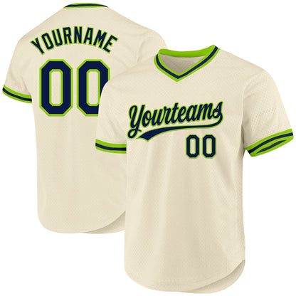 Custom Cream Navy-Neon Green Authentic Throwback Baseball Jersey - Sky-Custom
