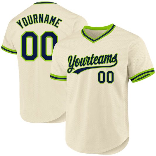 Custom Cream Navy-Neon Green Authentic Throwback Baseball Jersey - Sky-Custom