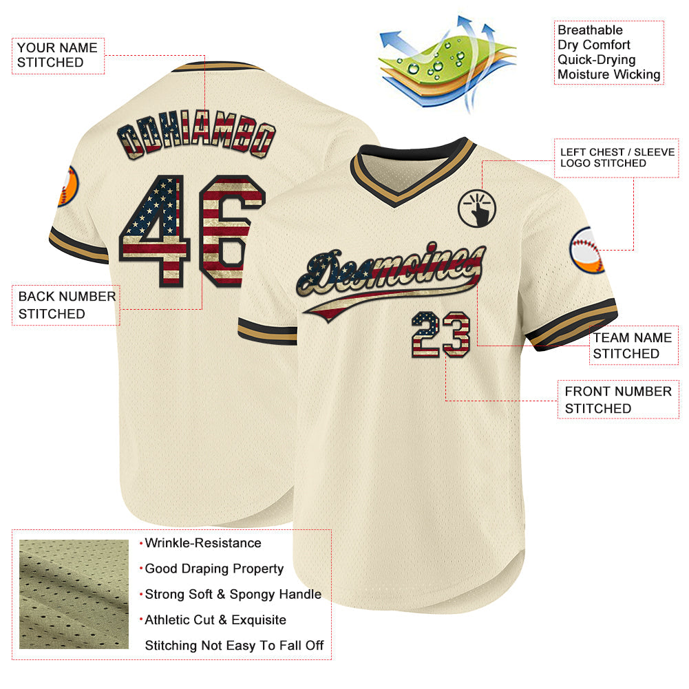 Custom Cream Vintage USA Flag Black-Old Gold Authentic Throwback Baseball Jersey - Sky-Custom