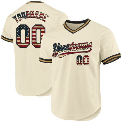 Custom Cream Vintage USA Flag Black-Old Gold Authentic Throwback Baseball Jersey - Sky-Custom