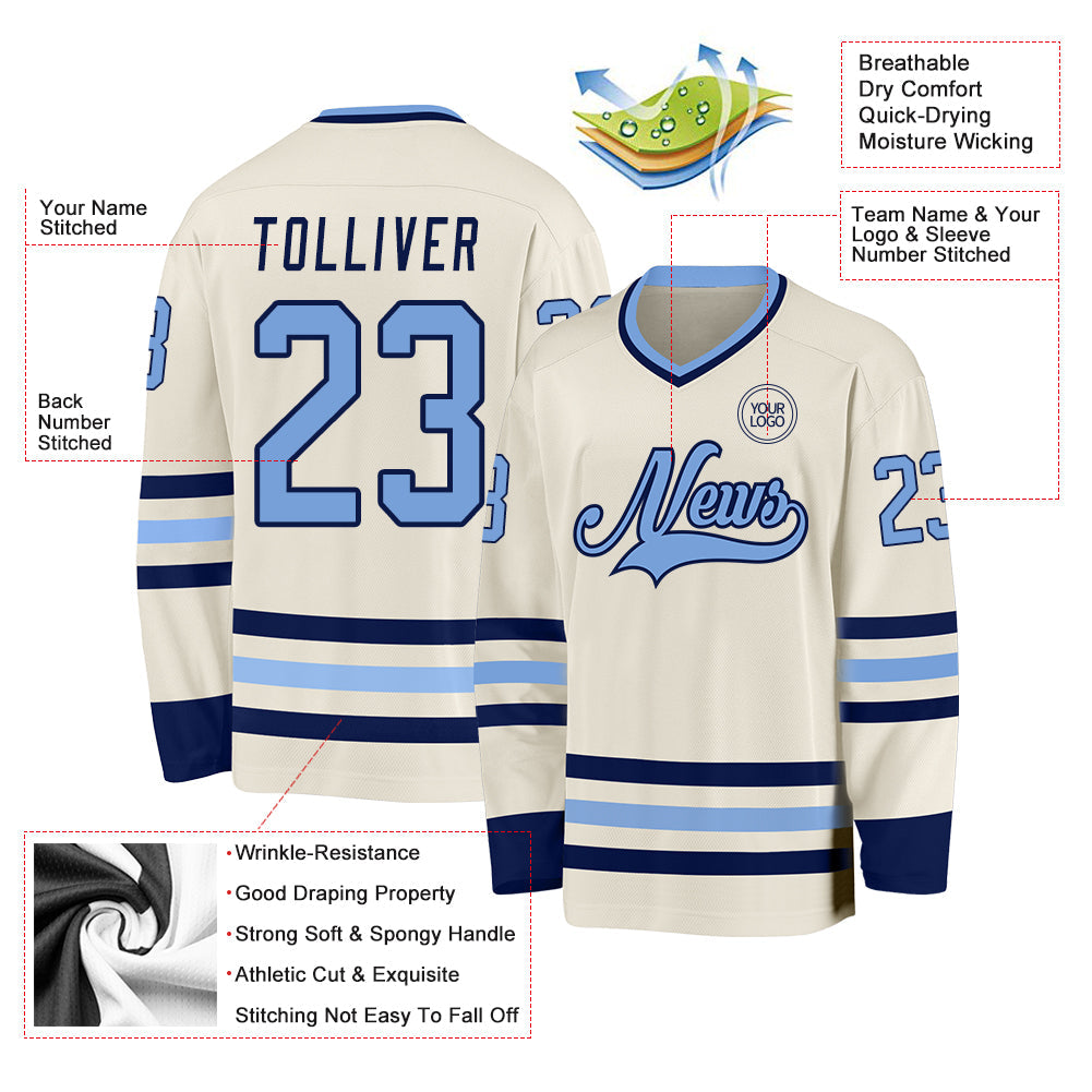 Custom Cream Light Blue-Navy Hockey Jersey - Sky-Custom