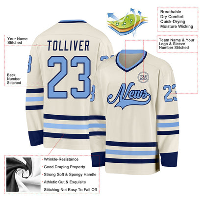 Custom Cream Light Blue-Navy Hockey Jersey - Sky-Custom
