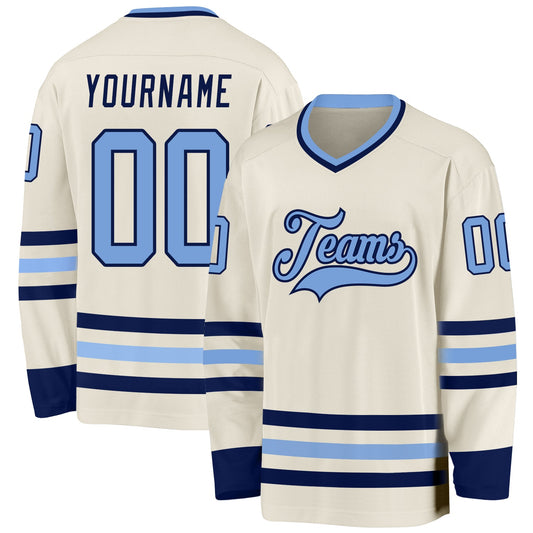 Custom Cream Light Blue-Navy Hockey Jersey - Sky-Custom