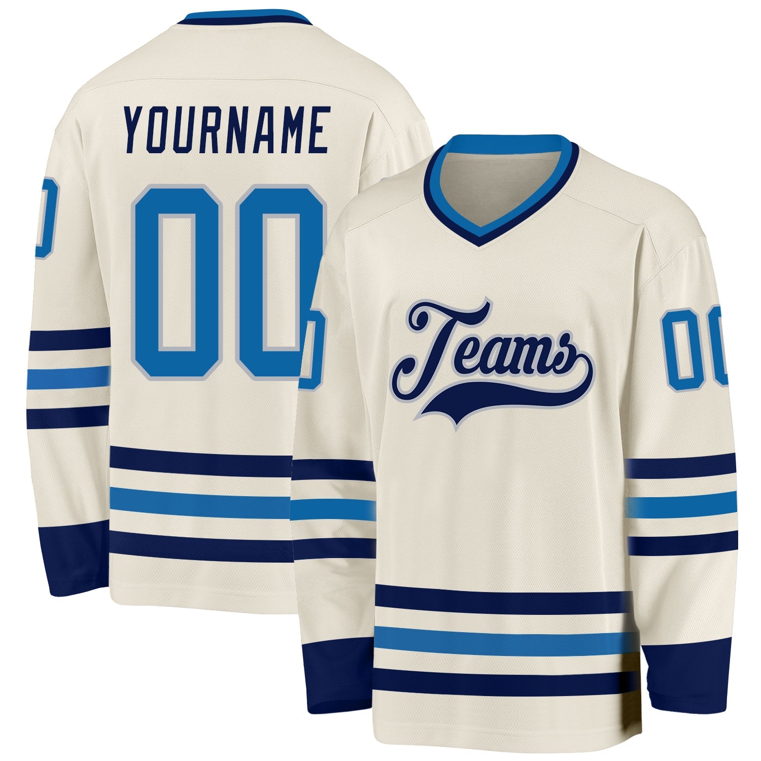 Custom Cream Blue-Navy Hockey Jersey - Sky-Custom