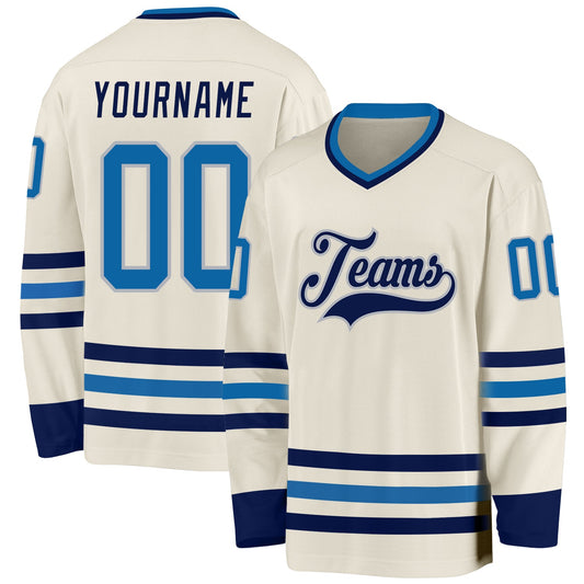 Custom Cream Blue-Navy Hockey Jersey - Sky-Custom