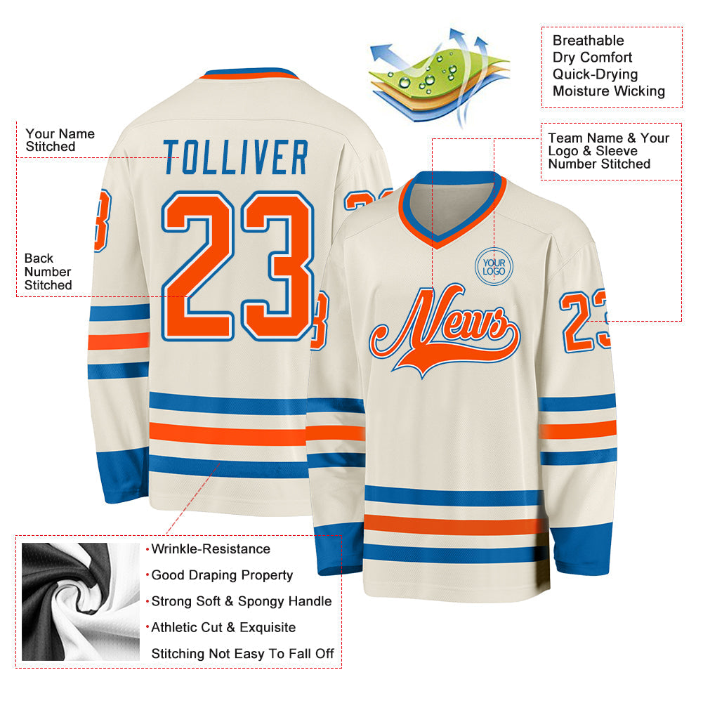 Custom Cream Orange White-Blue Hockey Jersey - Sky-Custom