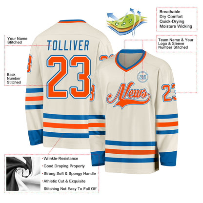 Custom Cream Orange White-Blue Hockey Jersey - Sky-Custom
