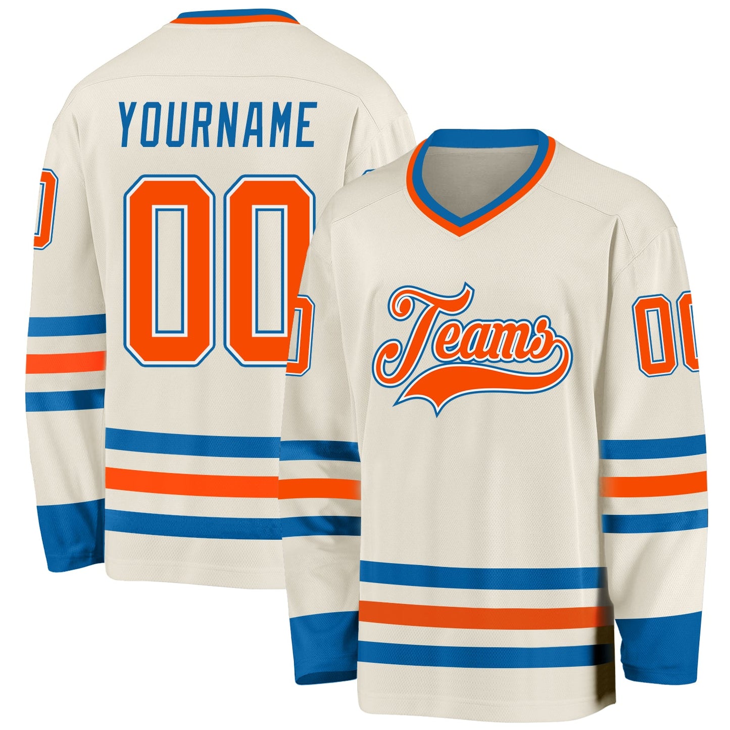 Custom Cream Orange White-Blue Hockey Jersey - Sky-Custom