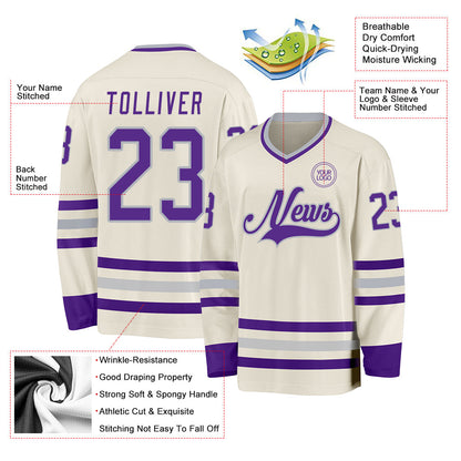 Custom Cream Purple-Gray Hockey Jersey - Sky-Custom