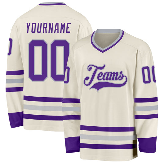 Custom Cream Purple-Gray Hockey Jersey - Sky-Custom