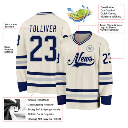 Custom Cream Navy-Gray Hockey Jersey - Sky-Custom