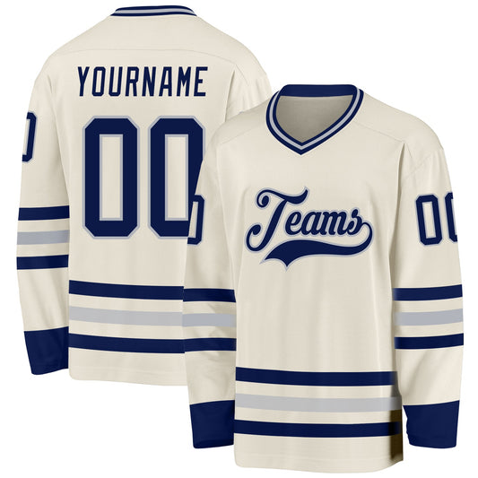 Custom Cream Navy-Gray Hockey Jersey - Sky-Custom