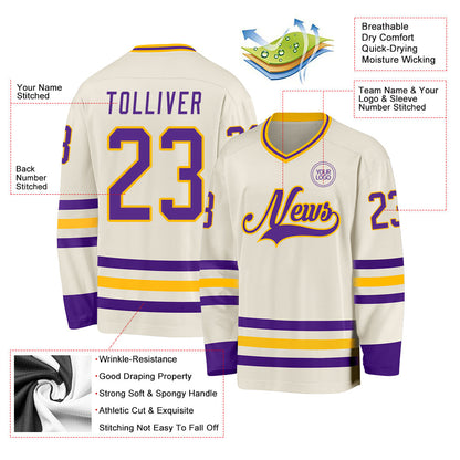 Custom Cream Purple-Gold Hockey Jersey - Sky-Custom