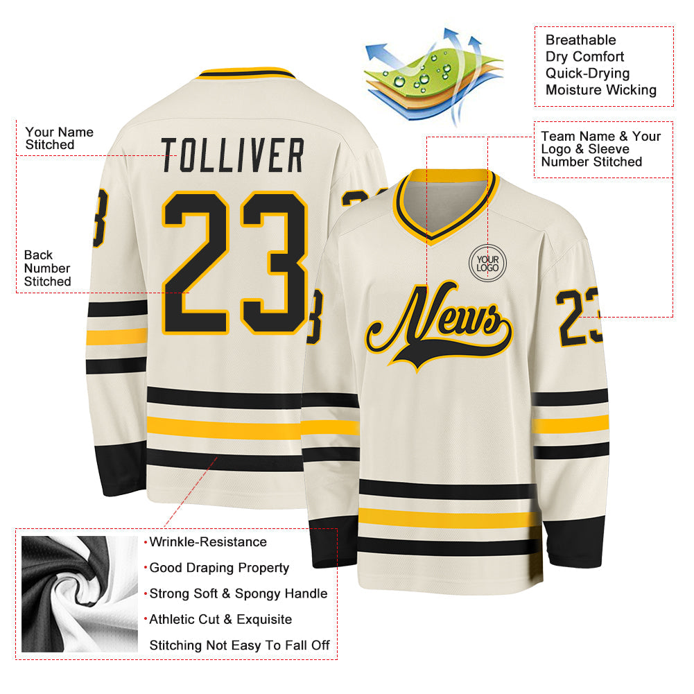 Custom Cream Black-Gold Hockey Jersey - Sky-Custom