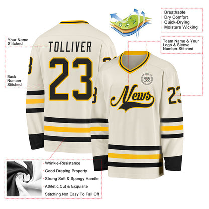 Custom Cream Black-Gold Hockey Jersey - Sky-Custom