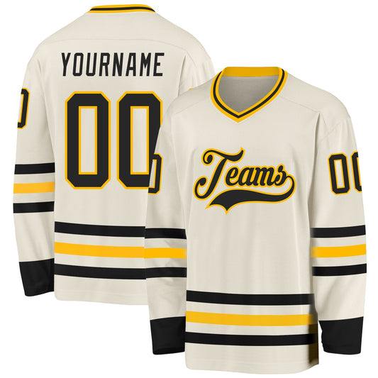 Custom Cream Black-Gold Hockey Jersey - Sky-Custom