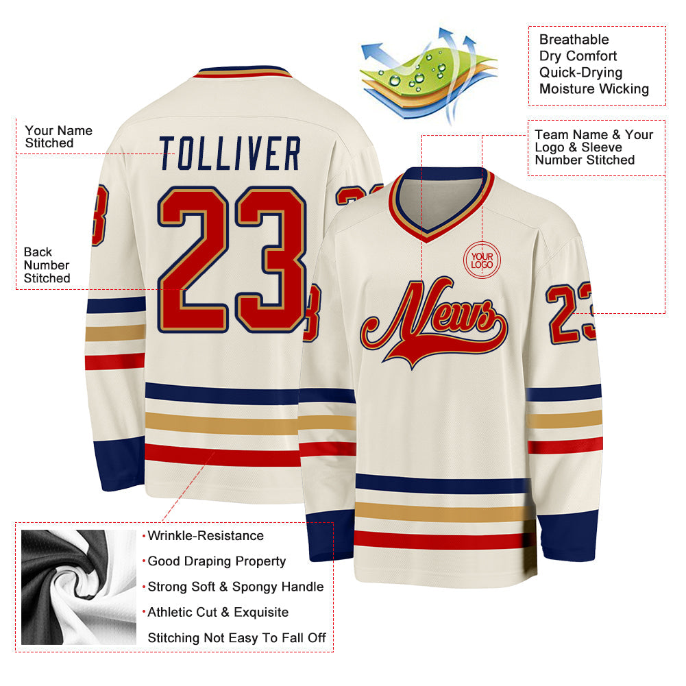 Custom Cream Red Old Gold-Navy Hockey Jersey - Sky-Custom