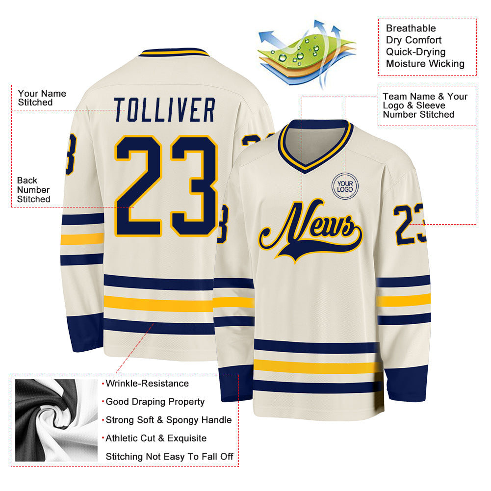 Custom Cream Navy-Gold Hockey Jersey - Sky-Custom