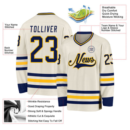 Custom Cream Navy-Gold Hockey Jersey - Sky-Custom
