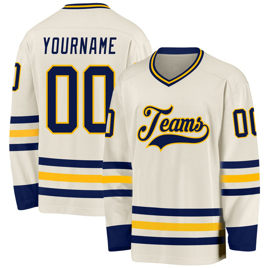 Custom Cream Navy-Gold Hockey Jersey - Sky-Custom