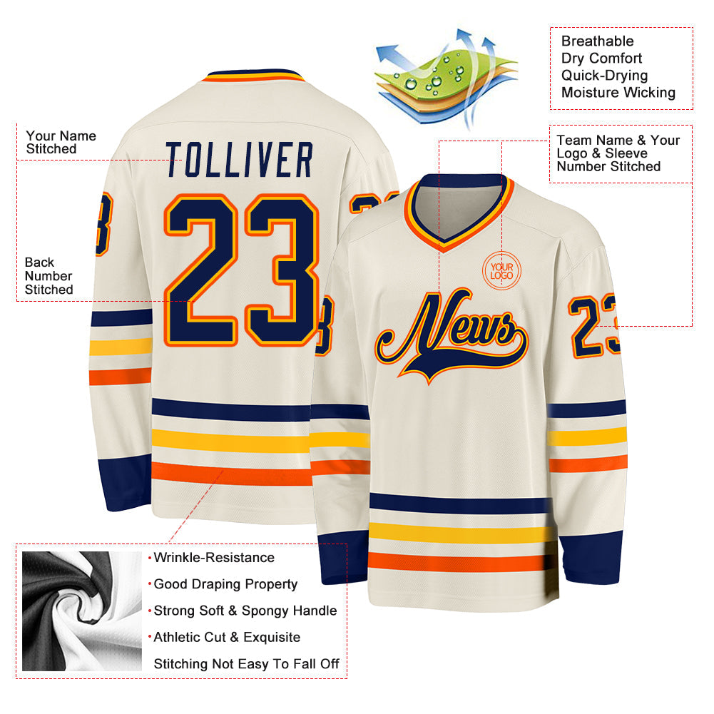 Custom Cream Navy Gold-Orange Hockey Jersey - Sky-Custom