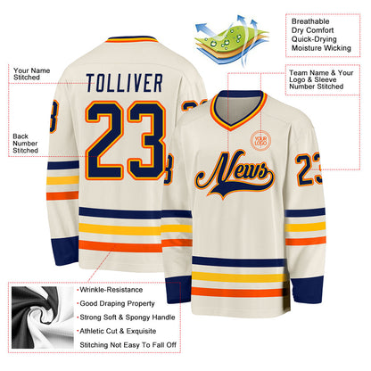Custom Cream Navy Gold-Orange Hockey Jersey - Sky-Custom