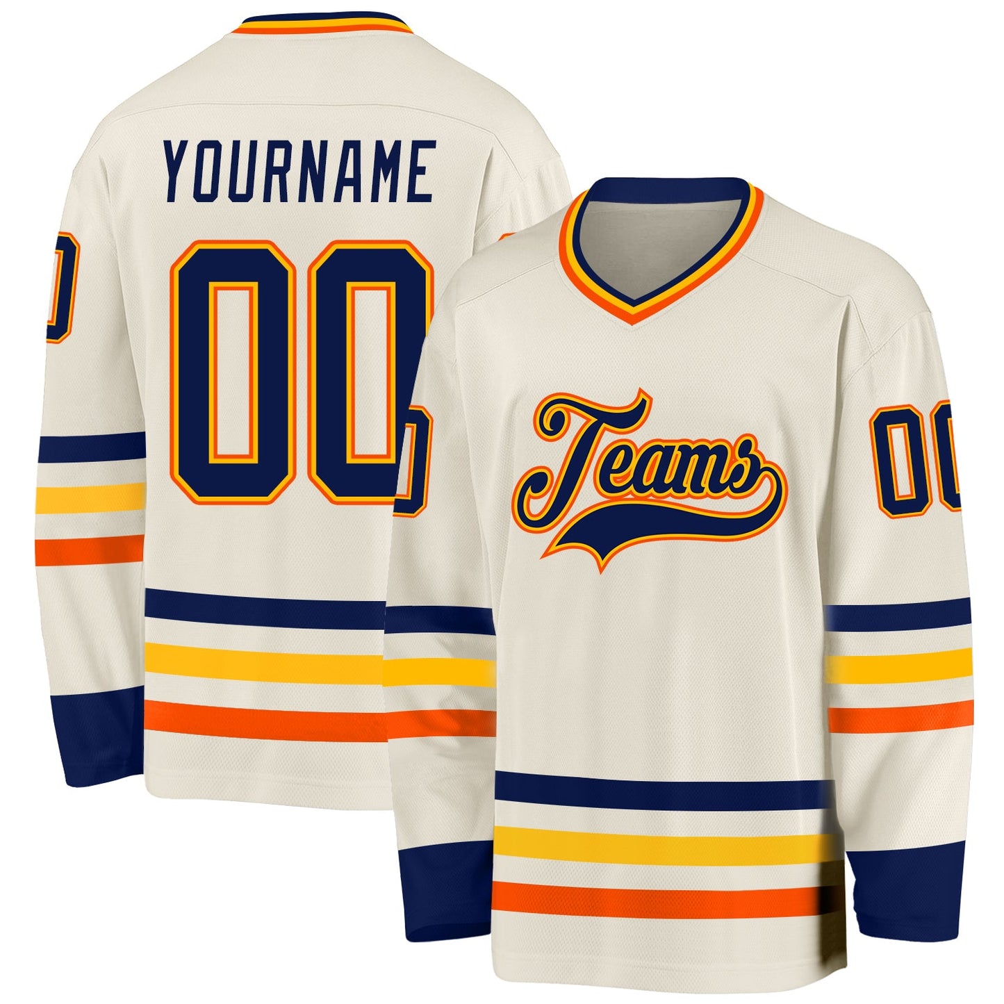 Custom Cream Navy Gold-Orange Hockey Jersey - Sky-Custom