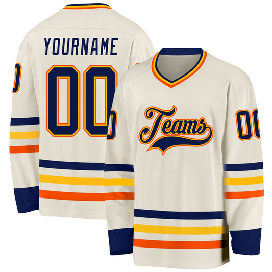 Custom Cream Navy Gold-Orange Hockey Jersey - Sky-Custom