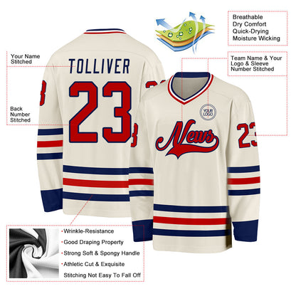 Custom Cream Red Navy-White Hockey Jersey - Sky-Custom