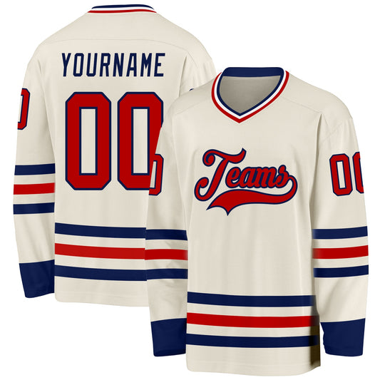 Custom Cream Red Navy-White Hockey Jersey - Sky-Custom