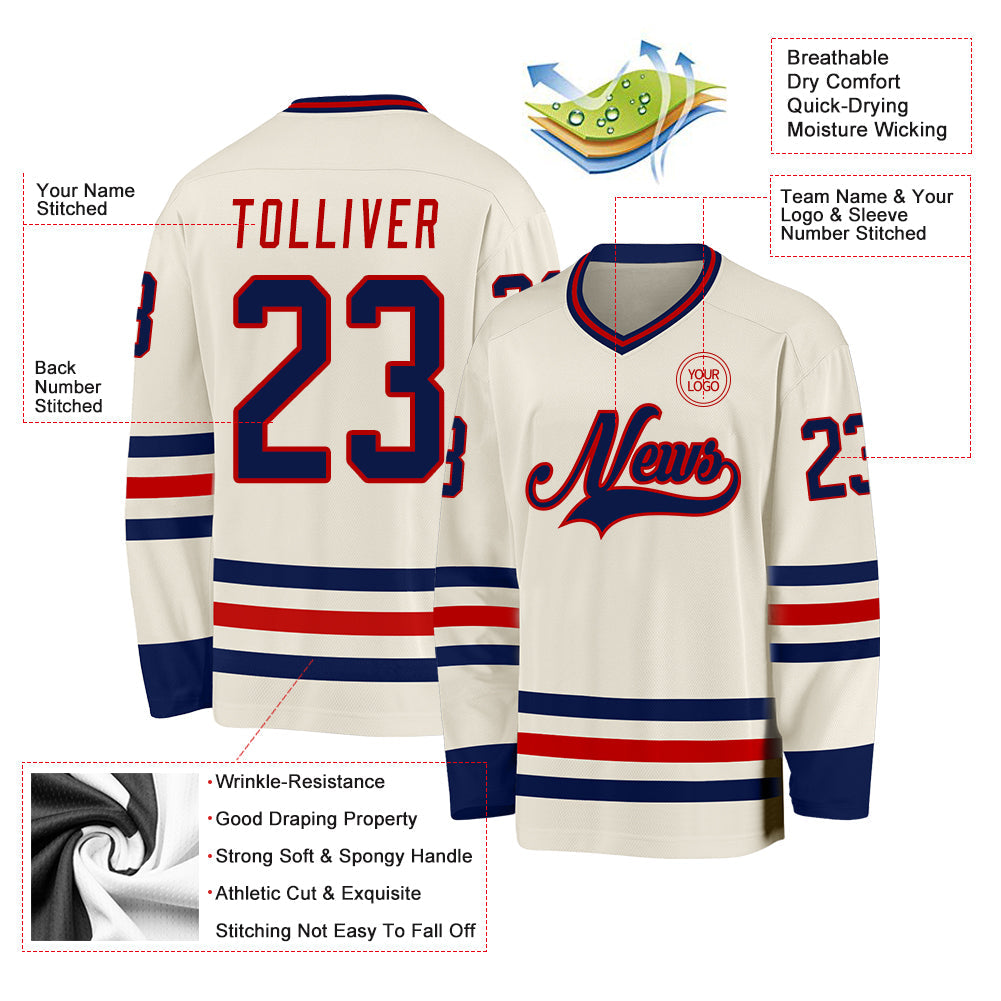 Custom Cream Navy-Red Hockey Jersey - Sky-Custom