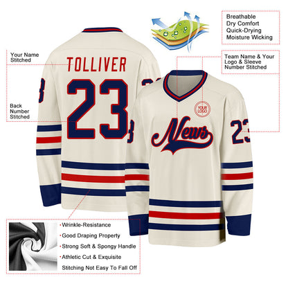 Custom Cream Navy-Red Hockey Jersey - Sky-Custom