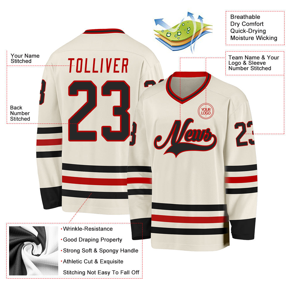 Custom Cream Black-Red Hockey Jersey - Sky-Custom