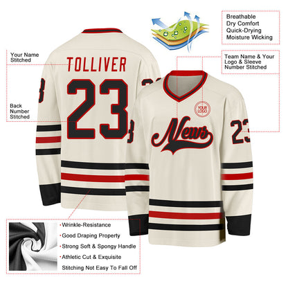 Custom Cream Black-Red Hockey Jersey - Sky-Custom
