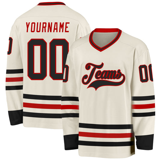 Custom Cream Black-Red Hockey Jersey - Sky-Custom