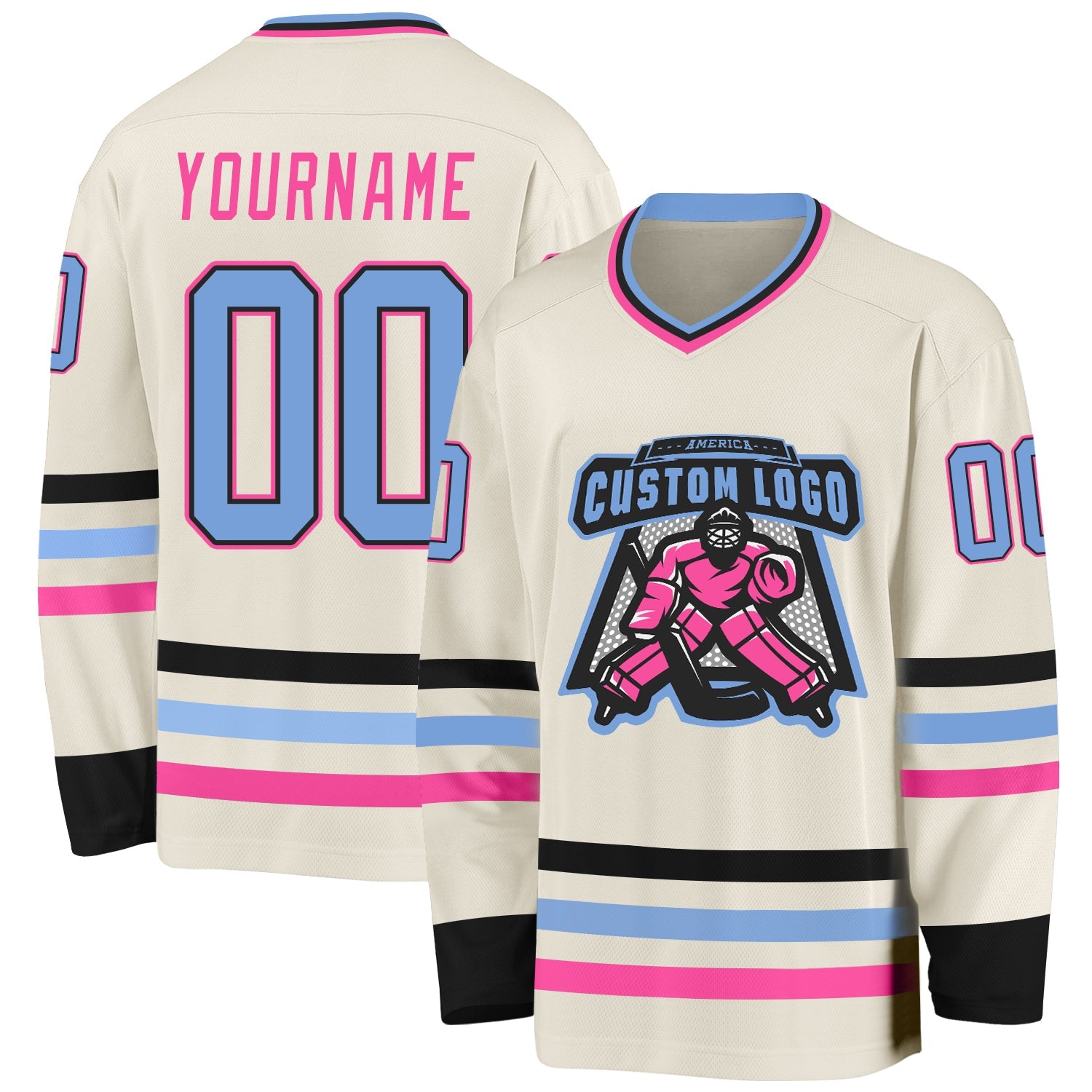 Custom Cream Light Blue Black-Pink Hockey Jersey - Sky-Custom