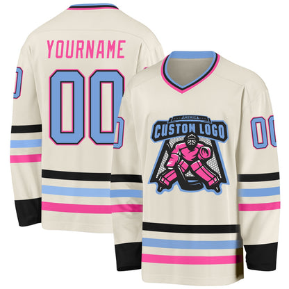 Custom Cream Light Blue Black-Pink Hockey Jersey - Sky-Custom