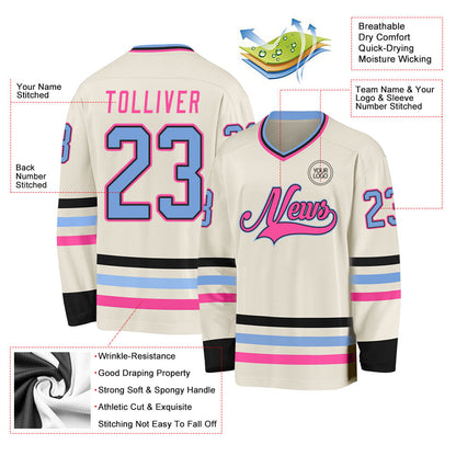 Custom Cream Light Blue Black-Pink Hockey Jersey - Sky-Custom