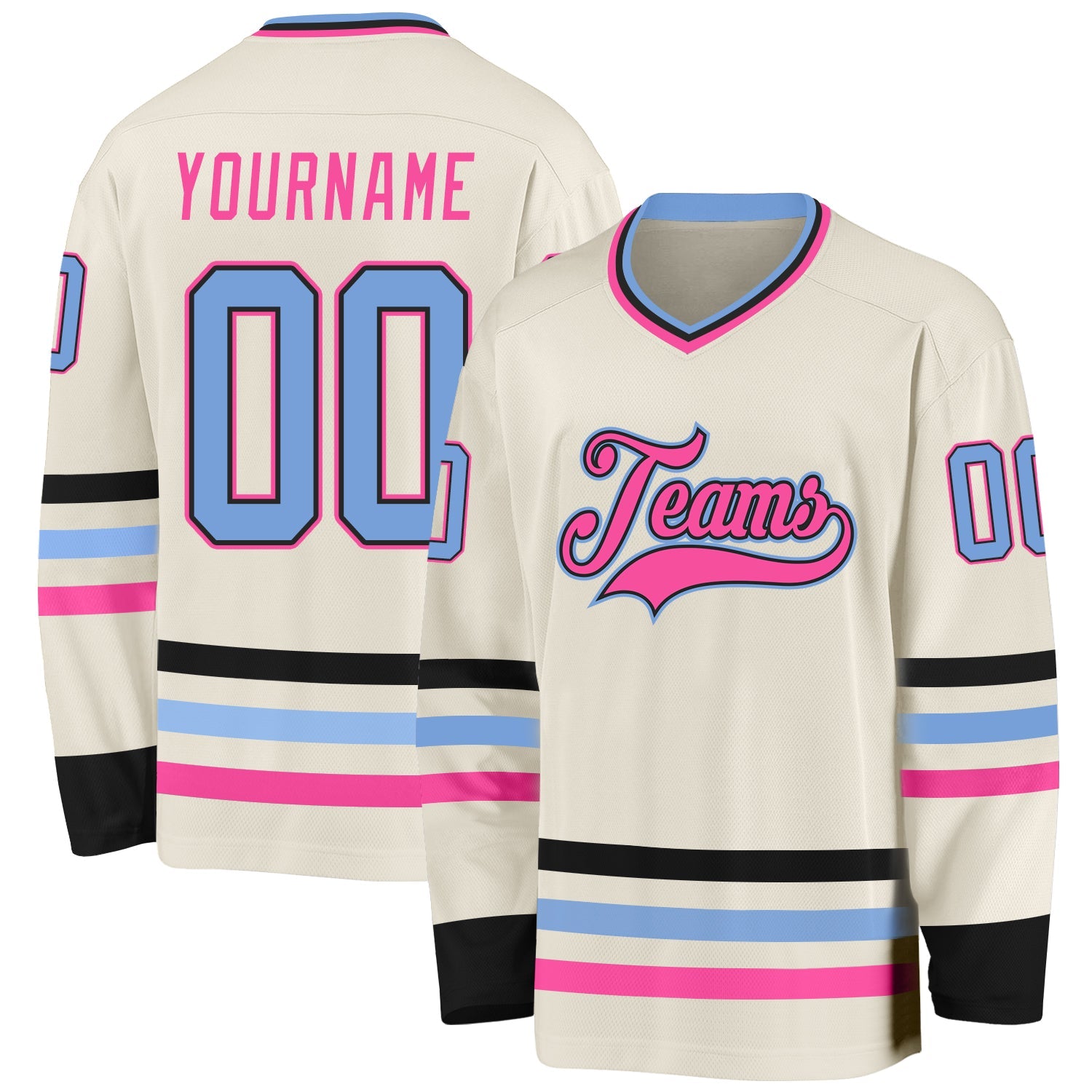 Custom Cream Light Blue Black-Pink Hockey Jersey - Sky-Custom