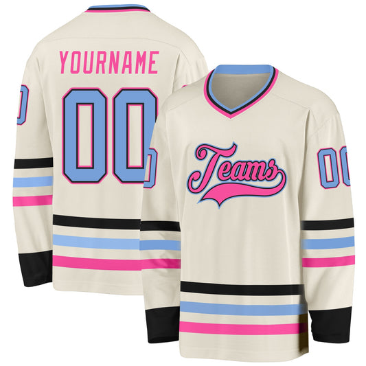 Custom Cream Light Blue Black-Pink Hockey Jersey - Sky-Custom