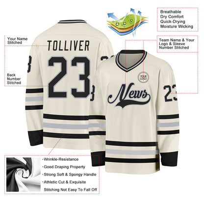 Custom Cream Black-Gray Hockey Jersey - Sky-Custom